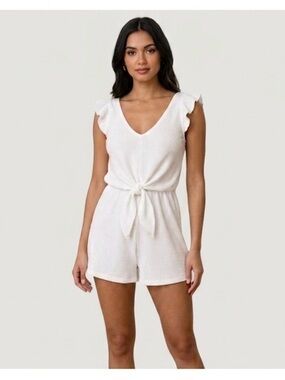 Caution to the Wind White Ribbed Tie-Front Romper Flutter Sleeve Size Small